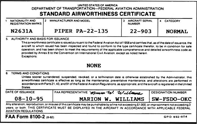 Airplane ground schools Standard Airworthiness Certificate