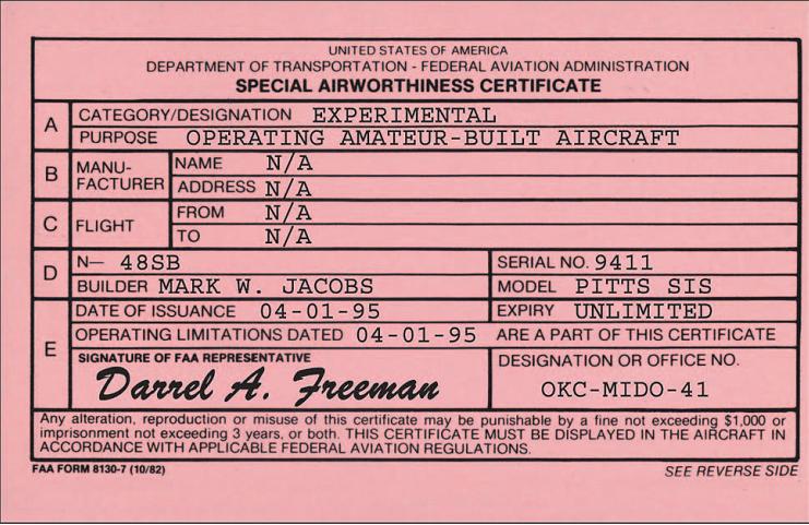 Airplain Ground schools Special Airworthiness Certificates Sample